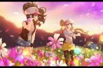  2girls ankea_(a-ramo-do) antenna_hair baseball_cap black_legwear black_vest black_wristband blue_eyes blurry blurry_background brown_hair closed_mouth denim denim_shorts eyelashes field floating_hair flower flower_field hand_on_headwear hand_on_own_thigh hat highres hilda_(pokemon) leaning_forward legwear_under_shorts multiple_girls outdoors pantyhose petals pink_flower pokemon pokemon_(game) pokemon_bw pokemon_bw2 raglan_sleeves rosa_(pokemon) shirt short_shorts shorts sidelocks sky sleeveless sleeveless_shirt sleeves_past_elbows smile sparkle standing stretch twilight twintails two-tone_headwear vest visor_cap wristband yellow_shorts 