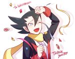  1boy arm_up bangs black_hair clenched_hands coin commentary_request confetti grimsley_(pokemon) hair_between_eyes hand_up heart highres jacket light_blush lobolobo2010 long_sleeves male_focus one_eye_closed open_mouth pokemon pokemon_(game) pokemon_bw ribbon scarf shirt solo thank_you tongue white_shirt yellow_scarf 