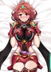  1girl areolae armor bed bed_sheet blush breasts covered_navel dakimakura earrings gem gloves hair_ornament headpiece highres jewelry large_areolae large_breasts lying naughty_face open_mouth pervert pussy pyra_(xenoblade) red_hair shizuru_kochiya short_hair solo sweat teeth thighs tiara tongue topless wet xenoblade_chronicles_(series) xenoblade_chronicles_2 