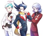  3boys archer_(pokemon) bangs belt belt_buckle black_hair black_shirt buckle buttons collared_shirt commentary_request covered_navel crossed_arms green_hair grimsley_(pokemon) hair_over_one_eye highres jacket lobolobo2010 long_sleeves lucian_(pokemon) male_focus multiple_boys pants parted_lips pokemon pokemon_(game) pokemon_bw pokemon_hgss red_jacket red_pants scarf shirt short_hair silver_hair smile team_rocket team_rocket_uniform translation_request white_pants yellow_scarf 