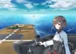  1girl absurdres aircraft airplane anchor bangs brown_eyes brown_hair cloud covered_navel day eyebrows_visible_through_hair flat_chest flight_deck headband headgear highres kantai_collection long_sleeves ocean outdoors parted_lips red_skirt rigging short_hair skirt sky solo sui_(sui27shika) taihou_(kantai_collection) water watercraft 