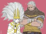  2boys bandaged_arm bandages big_hair bracelet brothers brown_capelet cosplay crossed_arms d: dark_souls_iii dark_sun_gwyndolin dated dress emlan floating_hair grey_eyes grey_hair grey_outline grin jewelry jitome long_hair multiple_boys nameless_king nameless_king_(cosplay) open_mouth pale_skin pink_background sash siblings signature simple_background smile souls_(from_software) sweatdrop white_dress 
