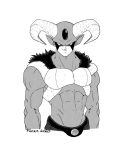  1boy abs arms_at_sides artist_name belt closed_mouth commentary_request dragon_ball dragon_ball_super forehead_jewel freza fur greyscale highres horns male_focus monochrome moro_(dragon_ball) muscle pointy_ears smirk solo upper_body 