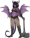  2019 absurd_res alpha_channel black_hair black_sclera bottomwear clothing demon demon_humanoid feardakez female hair hand_on_hip hi_res holding_hammer horn humanoid humanoid_pointy_ears looking_aside membrane_(anatomy) membranous_wings navel not_furry purple_body shorts simple_background solo spade_tail standing transparent_background wings 