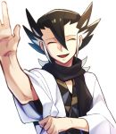  1boy bangs black_scarf closed_eyes commentary_request grimsley_(pokemon) hair_between_eyes hand_up lobolobo2010 male_focus open_mouth pokemon pokemon_(game) pokemon_sm scarf smile solo spiked_hair tongue waving white_background wide_sleeves 