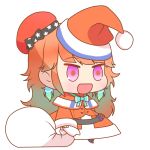  1girl bag chibi hat holding holding_bag hololive hololive_english open_mouth orange_hair padoru purple_eyes santa_hat solo takanashi_kiara white_background zerorespect_bot 