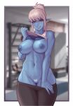  areola asura_(artist) big_breasts bra breasts clothed clothing clothing_lift ear_piercing ear_ring elf female genitals hi_res humanoid humanoid_pointy_ears looking_at_viewer nipples not_furry piercing pubes pussy shirt shirt_lift solo topwear underwear wide_hips 