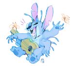  2018 4_arms alien antennae_(anatomy) blue_body blue_fur blue_pawpads claws corantus disney experiment_(lilo_and_stitch) fingers flower fur guitar lilo_and_stitch long_ears multi_arm multi_limb musical_instrument notched_ear pawpads plant plucked_string_instrument semi-anthro sharp_teeth simple_background stitch_(lilo_and_stitch) string_instrument teeth toe_claws tongue white_background 