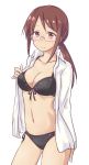  1girl aimobake bangs bikini bikini_under_clothes black_bikini blush breasts brown_eyes brown_hair character_request closed_mouth commentary_request copyright_request dress_shirt front-tie_bikini front-tie_top glasses highres long_hair looking_at_viewer medium_breasts no_pants open_clothes open_shirt opened_by_self ponytail rimless_eyewear shirt side-tie_bikini sidelocks simple_background smile solo standing swept_bangs swimsuit white_background white_shirt 