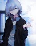  1girl black_jacket blue_eyes blue_hair blue_shirt bob_cut cigarette closed_mouth collared_shirt earrings head_tilt highres holding holding_cigarette jacket jewelry looking_at_viewer migihidari_(puwako) open_clothes open_jacket original shirt short_hair smoke smoking solo sweater wing_collar 