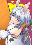  1girl animal_ears back blue_dress blue_hair bow braid brown_hair bunny_ears carillus carrot don-chan_(usada_pekora) dress food food_in_pocket food_on_hair from_above fur-trimmed_dress fur_trim hair_bow highres holding holding_food hololive hug looking_at_viewer multicolored_hair oversized_food red_background simple_background solo twin_braids twintails twitter_username two-tone_hair usada_pekora virtual_youtuber white_hair 