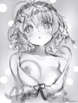  1girl antenna_hair bare_shoulders bouncing_breasts breasts copyright_request earrings glint greyscale highres jewelry looking_at_viewer medium_breasts monochrome nanashi_(nlo) nipples parted_lips short_hair solo upper_body 