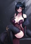  1girl absurdres arm_support bangs black_hair blush breasts character_request cleavage collarbone elbow_gloves feather_boa gloves hand_on_own_chest highres horns knee_up long_hair looking_at_viewer mole mole_under_eye monster_hunter monster_hunter:_world personification red_eyes sidelocks sitting smile solo suzuya_(maru) thighhighs thighs 