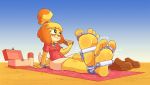  2020 4_toes accessory animal_crossing anthro barefoot beach beach_towel blush blush_stickers bracelet canid canine canis caroo clothing collar day dipstick_tail domestic_dog eating edit feet female floppy_ears food foot_fetish foot_focus hair_accessory hi_res hotbrotcafe humanoid_feet isabelle_(animal_crossing) jewelry lunchbox mammal multicolored_tail nintendo sand sandwich_(food) seaside shih_tzu sitting sky soles solo thermos tickle_torture tickling tickling_feet toes torture towel toy_dog video_games yellow_body 