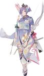  1girl alternate_costume alternate_hairstyle ankle_bell arrow_(projectile) artist_name bangs blue_flower blue_kimono bow_(weapon) breasts character_name choker copyright_name dress earrings flower full_body geta hair_flower hair_ornament hair_ribbon hair_up holding holding_arrow holding_bow_(weapon) holding_weapon iron_saga japanese_clothes jewelry katana kimono long_hair looking_at_viewer medium_breasts nineo obi official_art parted_lips pink_flower pink_ribbon purple_eyes purple_hair quiver ribbon sash sidelocks solo standing striped striped_ribbon sword tabi teresa_(iron_saga) transparent_background weapon white_flower white_legwear wide_sleeves 