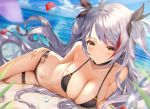  1girl antenna_hair azur_lane bangs beach bikini blush breasts brown_eyes choker cross cross_earrings day earrings eyebrows_visible_through_hair hair_between_eyes iron_cross jewelry large_breasts long_hair looking_at_viewer lying mole mole_on_breast multicolored_hair navel on_side outdoors parted_lips prinz_eugen_(azur_lane) prinz_eugen_(unfading_smile)_(azur_lane) red_hair ribbon sidelocks silver_hair smile solo stomach streaked_hair swept_bangs swimsuit thigh_strap two_side_up very_long_hair yk_(pixiv43531291) 