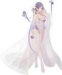  1girl breasts bridal_veil cleavage closed_mouth elbow_gloves flower full_body gloves hair_flower hair_ornament iron_saga large_breasts leotard light_purple_hair nineo no_shoes official_art purple_eyes purple_flower see-through sidelocks simple_background solo standing teresa_(iron_saga) thighhighs transparent_background veil white_flower white_gloves white_legwear 