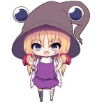  1girl ankle_wrap arm_wrap asymmetrical_legwear asymmetrical_sleeves bandages bat blonde_hair blood bloody_clothes blue_eyes brown_eyes brown_headwear chibi claw_pose commentary_request darumoon eyebrows_visible_through_hair fang hair_ribbon halloween halloween_costume hat heart heterochromia highres looking_at_viewer moriya_suwako open_mouth purple_skirt purple_vest ribbon short_hair_with_long_locks simple_background single_thighhigh skin_fang skirt solo spider_web_print thighhighs touhou vest white_background white_sleeves wide_sleeves 