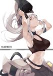  1girl absurdres arknights armband armpits arms_up bangs black_collar breasts character_name cleavage collar cy9 helmet highres horns large_breasts long_hair looking_at_viewer midriff mudrock_(arknights) navel red_eyes sarashi solo sports_bra stomach sweat white_hair 