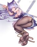  1girl absurdres ass bangs bare_shoulders black_legwear blush bound bound_ankles bound_wrists breasts detached_sleeves dress feet frills full_body genshin_impact hair_ornament highres keqing legs long_hair looking_at_viewer lying medium_breasts melailai on_side pantyhose purple_eyes purple_hair revision rope skirt solo toes tongue tongue_out 