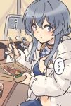  1girl blue_eyes blue_hair chopsticks commentary_request cowboy_shot eating gotland_(kantai_collection) hair_bun jacket kantai_collection long_hair looking_at_viewer mole mole_under_eye nakadori_(movgnsk) official_alternate_costume race_queen solo table white_jacket 