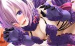  1girl animal_ears bangs bare_shoulders blush breasts claw_pose cleavage dangerous_beast elbow_gloves fate/grand_order fate_(series) fur-trimmed_gloves fur-trimmed_legwear fur_collar fur_trim gloves hair_over_one_eye halloween_costume lace-trimmed_legwear lace_trim large_breasts light_purple_hair looking_at_viewer mash_kyrielight o-ring open_mouth purple_eyes purple_gloves purple_legwear revealing_clothes short_hair smile tail thighhighs totororo wolf_ears wolf_tail 