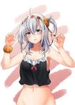  1girl ahoge arm_scrunchie bangs black_tank_top blush bottomless breasts claw_pose cleavage cosplay grey_eyes habara_meguru hachimaki hair_between_eyes halloween headband highres kantai_collection libeccio_(kantai_collection) libeccio_(kantai_collection)_(cosplay) long_hair medium_breasts one_side_up open_mouth out-of-frame_censoring scrunchie silver_hair simple_background solo striped striped_headband suzutsuki_(kantai_collection) tank_top two-tone_background 