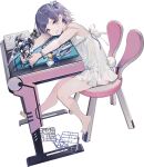  1girl bangs barefoot bracelet chair desk dress full_body gunpla hair_ornament holding holding_toy iron_saga jewelry looking_at_viewer model_kit nineo official_art parted_lips pliers ponytail purple_eyes purple_hair rabbit_tail side_ponytail sitting solo tail teresa_(iron_saga) toy transparent_background white_dress younger 