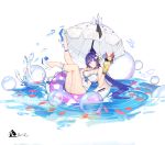  1girl artist_name ass bikini breasts choker cleavage dated food full_body hair_ornament hairclip high_heels highres honkai_(series) honkai_impact_3rd ice_cream large_breasts legs_up long_hair parasol plumw ponytail purple_eyes purple_hair raiden_mei reclining shoe_dangle simple_background smile solo sundae swimsuit umbrella water white_background white_bikini 