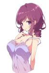  1girl breasts cleavage collarbone eyebrows_visible_through_hair highres large_breasts looking_at_viewer machikado_mazoku mel_(melty_pot) off_shoulder purple_eyes purple_hair short_hair simple_background smile solo white_background yoshida_ryouko 