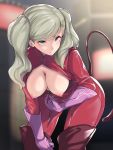  1girl black_mutou blonde_hair blush bodysuit boots breasts breasts_outside gloves green_eyes highres long_hair persona persona_5 pink_gloves red_bodysuit red_legwear solo tail takamaki_anne thigh_boots thighhighs twintails unzipped 