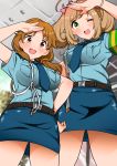  216_zig 2girls :d absurdres ahoge armband belt blue_shirt blue_skirt bow breast_pocket breasts brown_hair commentary_request green_eyes hair_bow height_difference highres idolmaster idolmaster_cinderella_girls katagiri_sanae large_breasts light_brown_hair looking_at_viewer looking_down low_twintails miniskirt multiple_girls necktie one_eye_closed open_mouth pencil_skirt pocket police police_uniform policewoman polka_dot polka_dot_bow salute satou_shin shirt short_sleeves short_twintails skirt smile twintails uniform 