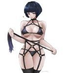  1girl alternate_costume bikini black_bikini blue_hair breasts cleavage dominatrix heart highres looking_at_viewer medium_breasts naughty_face o-ring orange_eyes persona persona_5 short_hair simple_background smile swimsuit takemi_tae the_kingduke whip white_background 