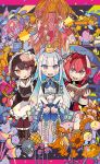  3girls :d ange_katrina animal_ears bird book cactus candle cat_ears duck heterochromia inui_toko lize_helesta long_hair maid maid_headdress monocle multiple_girls nijisanji open_mouth pentagram plant red_hair runes shoes short_hair silver_hair sitting smile star_ornament terada_tera white_hair 