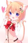  1girl absurdres animal_ears bell bow cat_ears cat_tail eins_9 fang flower gochuumon_wa_usagi_desu_ka? hair_flower hair_ornament highres hoto_cocoa looking_at_viewer open_mouth orange_hair paw_pose pink_background purple_eyes rabbit_house_uniform red_bow short_hair simple_background smile solo tail 