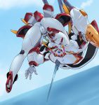  anus ass blue_nipples blue_tongue blush breasts censored darling_in_the_franxx heart heart_censor horns humanoid_robot looking_at_viewer mecha mecha_musume nipples open_mouth pochincoff pushing red_eyes robot single_horn strelizia white_legwear white_skin 