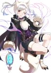  1girl animal_ears belt fire_emblem fire_emblem_awakening fire_emblem_heroes fur_trim gloves grima_(fire_emblem) halloween_costume highres long_sleeves one_eye_closed paw_gloves paws red_eyes robin_(fire_emblem) robin_(fire_emblem)_(female) shorts simple_background solo tail thigh_strap tpicm twintails white_background white_hair wolf_ears wolf_tail 