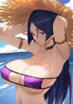  1girl armlet armpits arms_behind_head arms_up bangs bare_shoulders beach bikini blue_sky blush breasts choker cleavage collarbone eyepatch_bikini fate/grand_order fate_(series) hat highres large_breasts long_hair looking_at_viewer minamoto_no_raikou_(fate/grand_order) minamoto_no_raikou_(swimsuit_lancer)_(fate) parted_bangs purple_eyes purple_hair raijuu_(bakanara) sky smile straw_hat swimsuit very_long_hair 