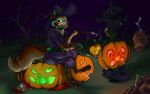  16:10 anthro canid canine clothed clothing digital_media_(artwork) female food fox fruit halloween hi_res holidays looking_at_viewer magic magnificent-arsehole mammal plant pumpkin smile transformation widescreen 