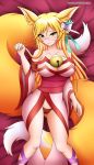  2_tails animal_humanoid anime asian_clothing bed bed_sheet bedding bedroom_eyes bell big_breasts blonde_hair blush breasts candid canid canid_humanoid canine canine_humanoid cleavage clothed clothing diamondstorm dipstick_tail east_asian_clothing eyewear female fox fox_humanoid fox_tail fur furniture glasses hair hi_res humanoid japanese_clothing kimono lipstick long_hair long_tail looking_at_viewer lying makeup mammal mammal_humanoid miko_(no_game_no_life) monocle multi_tail multicolored_tail narrowed_eyes no_game_no_life on_back panties pinup pose robe seductive smile solo thick_thighs underwear yellow_body yellow_eyes yellow_fur 