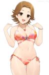 1girl absurdres ass_visible_through_thighs bikini breasts cleavage dated flipped_hair floral_print forehead heart heart_necklace highres idolmaster idolmaster_cinderella_girls idolmaster_cinderella_girls_starlight_stage light_brown_hair medium_breasts mole mole_on_breast onao oota_yuu open_mouth short_hair side-tie_bikini simple_background solo swimsuit thigh_gap thighs wet white_background yellow_eyes 