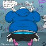  1:1 2020 alternate_version_at_source animated_skeleton bathroom blue_butt blue_clothing blue_hoodie blue_topwear bone bottomwear butt clothing dialogue english_text fellatio glory_hole graffiti hands_on_wall hi_res hoodie humanoid kneeling male not_furry onomatopoeia oral overweight overweight_male penile rear_view sans_(undertale) sex shorts skeleton sound_effects text toilet_paper topwear trashtoonz undead undertale unseen_character video_games white_body 