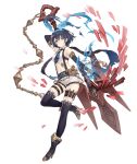  1girl alice_(sinoalice) ankle_boots armlet boots chain dark_blue_hair elbow_gloves full_body gloves hairband high_heel_boots high_heels ji_no looking_at_viewer navel necktie official_art pocket_watch polearm red_eyes short_hair short_shorts shorts sinoalice solo suspenders tattoo thigh_strap transparent_background trident watch weapon 