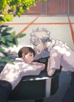  2boys arm_support belt blue_eyes blurry blurry_foreground brown_hair cable cassette_player chin_rest collared_shirt day depth_of_field earbuds earphones evangelion:_3.0_you_can_(not)_redo film_grain foliage ikari_shinji indoors instrument kannunu light_particles looking_at_another multiple_boys nagisa_kaworu neon_genesis_evangelion open_clothes open_shirt overgrown pale_skin parted_lips piano rebuild_of_evangelion shirt shirt_tucked_in short_sleeves silver_hair smile tree walkman yaoi 