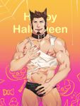  1boy abs animal_costume animal_ears bara bare_chest belt_collar blood blue_eyes briefs brown_hair bulge chest chest_scar collar cowboy_shot facial_hair fate/grand_order fate_(series) goatee halloween halloween_costume happy_halloween highres icelernd looking_at_viewer male_focus muscle napoleon_bonaparte_(fate/grand_order) navel nipples scar shirt short_hair sideburns solo stubble tank_top thick_thighs thighs tongue tongue_out torn_clothes torn_shirt underwear white_tank_top wolf_costume wolf_ears 