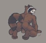  2019 4_toes all_fours anthro balls brown_balls brown_body brown_fur butt claws empty_eyes fur genitals grin guardians_of_the_galaxy hi_res looking_back male mammal marvel presenting presenting_hindquarters procyonid raccoon rear_view red_eyes rocket_raccoon simple_background smile solo spectral-bat toe_claws toes 