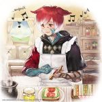  1boy animal_ears apron artist_request basket blue_sky blush bowl bread carpet character_request cloud commentary_request company_name copyright_name couch curtains dated day eighth_note final_fantasy final_fantasy_xiv food frilled_apron frills hair_between_eyes holding indoors jar lettuce light_smile male_focus multicolored_hair musical_note object_request official_art plate red_eyes red_hair sandwich shelf short_hair short_sleeves signature sky smile solo steam tomato white_hair 