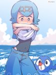  1girl arms_up artist_name bangs black_swimsuit blue_background blue_eyes blue_hair blue_pants blue_sailor_collar blue_sky blue_theme blush brown_hairband cloud commentary_request covered_navel day embarrassed english_commentary flat_chest gen_7_pokemon gradient_sky hairband highres horizon lana_(pokemon) lifted_by_self looking_at_another looking_down looking_up mixed-language_commentary nose_blush ocean one-piece_swimsuit open_mouth orange_peel_(artist) outdoors pants partial_commentary pokemon pokemon_(creature) pokemon_(game) pokemon_sm popplio sailor_collar shirt shirt_lift short_hair sky sleeveless sleeveless_shirt solo_focus standing sweat swimsuit swimsuit_under_clothes undressing v-shaped_eyebrows water watermark waves white_shirt 