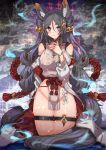  1girl animal_ears bangs bell blush breasts double_bun fox_ears grey_hair groin hair_bell hair_between_eyes hair_ornament japanese_clothes jewelry long_hair looking_at_viewer necklace original parted_bangs parted_lips purple_eyes solo tail tajima_ryuushi thigh_strap very_long_hair wet 