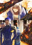 1other 3boys abs armor autumn autumn_leaves back beads belt blue_hair bodysuit bracelet branch cape capelet chibi closed_mouth cu_chulainn_(fate)_(all) cu_chulainn_(fate/grand_order) cu_chulainn_alter_(fate/grand_order) earrings elbow_gloves facepaint fang fate/grand_order fate/stay_night fate_(series) forest from_above from_behind frown full_body fur fur-trimmed_hood fur_trim gloves hair_beads hair_ornament hand_on_hip hood hood_down hood_up hooded_capelet jewelry lancer long_hair looking_up male_focus mini_cu-chan multiple_boys multiple_persona multiple_views muscle nature navel open_mouth outdoors pauldrons ponytail red_eyes shoulder_armor sitting skin_tight sparkle spiked_hair spikes standing tail tree type-moon yuu_(guruko) 